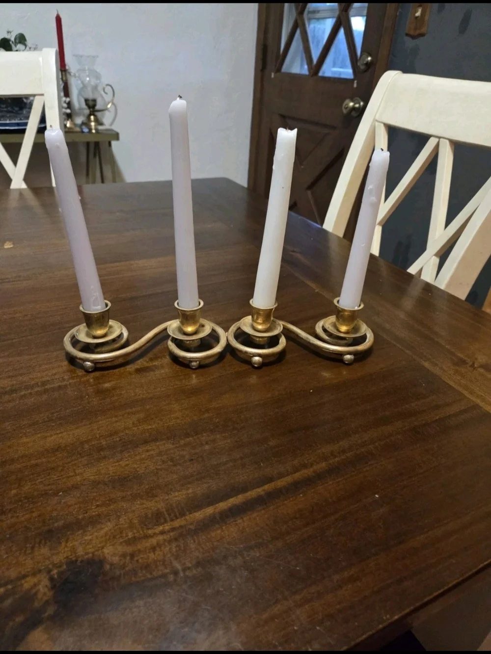 Brass Four-Arm Candle Holder with White Candles